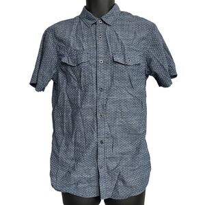 Carbon Long Length Shirt Men M Blue Button Up Short Sleeve Cotton All Over Print